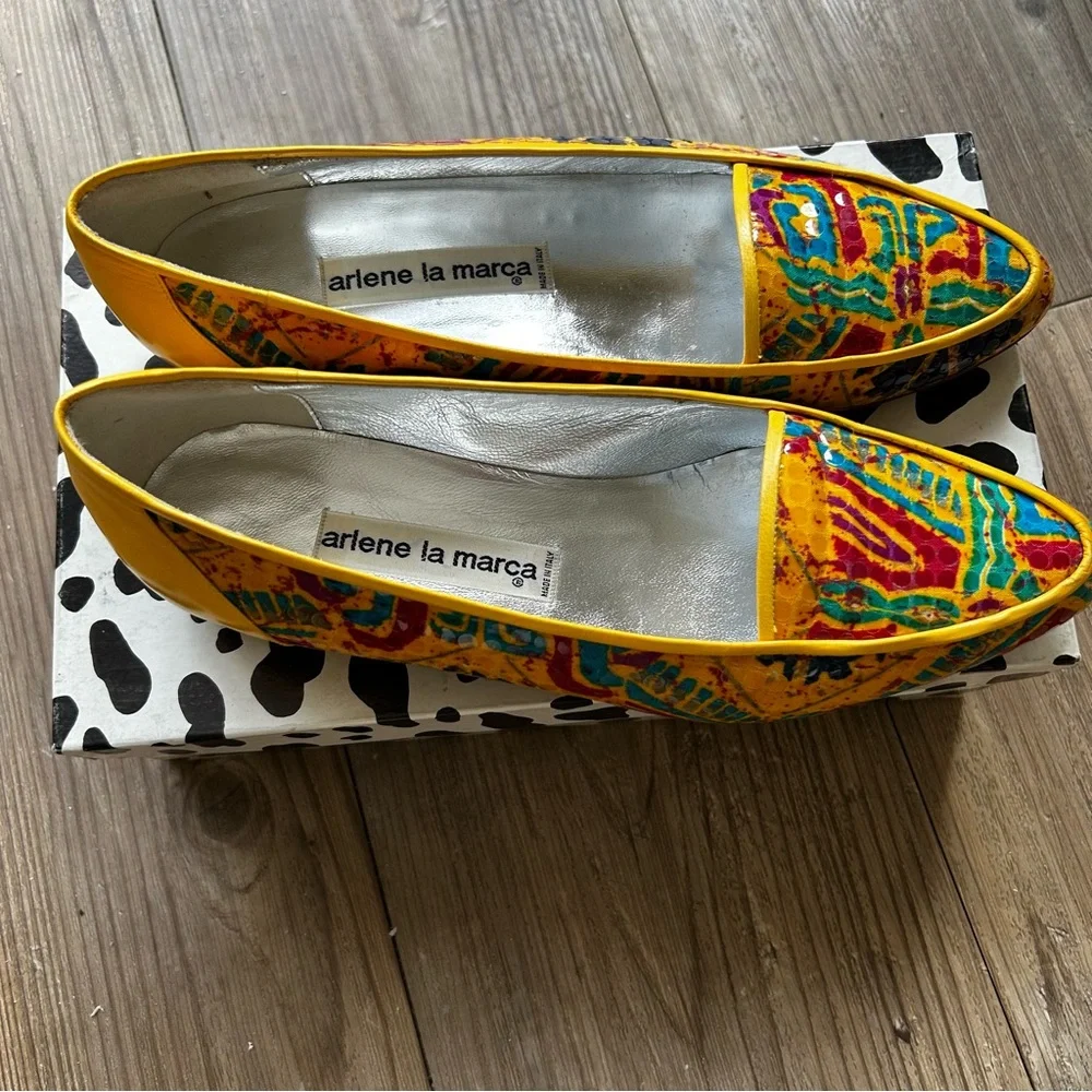 NWT Vintage Arlene La Marca yellow multicolored leather pointedtoe shoes. Sz 38.